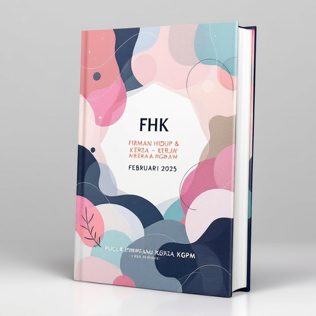 The cover features a blend of soft pink, blue, and black hues, creating a tranquil yet inviting background. At the center, the Logo KGPM is prominently displayed, representing the religious and spiritual essence of the book. Surrounding the logo, gentle swirls and abstract shapes evoke a sense of warmth and unconditional love. Above the central logo, the book title "FHK - FIRMAN HIDUP & KERJA - FEBRUARI 2025" is positioned. Below the logo, the phrase "PUCUK PIMPINAN KGPM, Edisi FEBRUARI 2025" is elegantly placed.