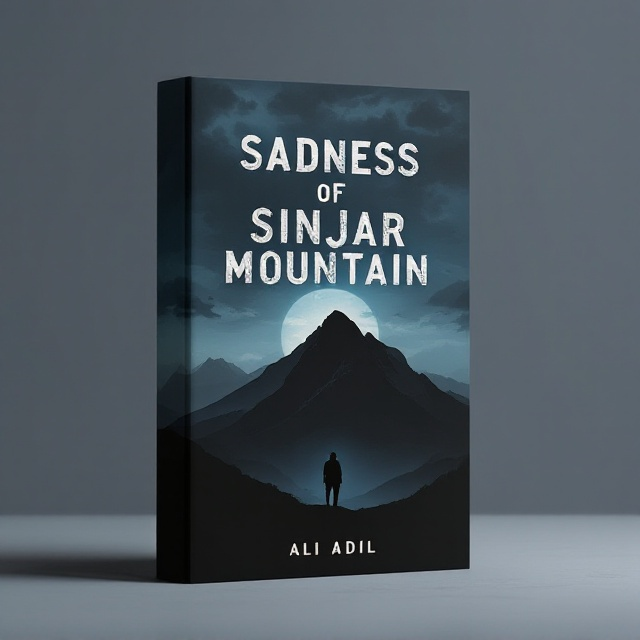 The cover features a stark, shadowy image of Sinjar Mountain under a somber twilight sky. A silhouette of a lone figure stands at the base of the mountain, casting a long shadow to emphasize solitude and sadness. Dark, desaturated colors dominate to convey a sense of mystery and suspense, with deep blues and grays. At the top, scattered clouds add depth and a feeling of foreboding.