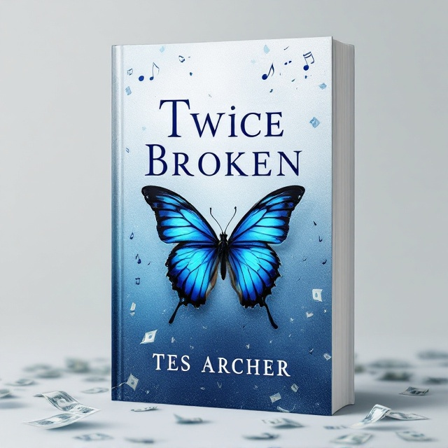 A silver and blue background blended in a gradient style with scattered, semi-transparent dollar bills creating a layered effect. At the center, a prominent blue butterfly with a slightly torn wing is gracefully placed. Delicate musical notes are scattered subtly as watermarks across the cover, enhancing the musical emotion. The overall mood is both ethereal and dramatic, drawing the viewer into a romantic ambiance.