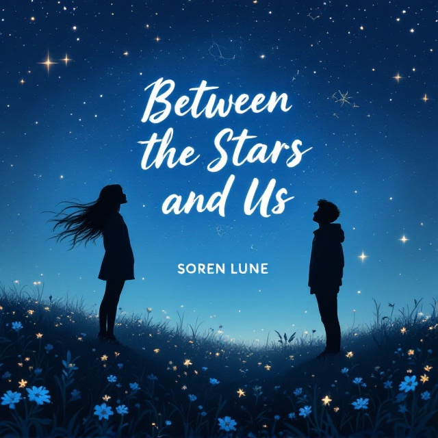 A dreamy, ethereal design with a gradient blue-toned starry night sky as the backdrop, fading from a deep indigo at the top to a lighter blue near the bottom. The stars in the sky are arranged subtly to form delicate constellations. Two black silhouettes—a teenage girl with windswept flowing hair on the left side of the hill and a teenage boy in a jacket on the right side—are standing apart, their gazes directed upward toward the vast cosmos. In the middle distance, glowing stars softly illuminate faint outlines of blooming flowers scattered across the hill. Whispery light trails and halos around the constellations create a serene, reflective atmosphere.