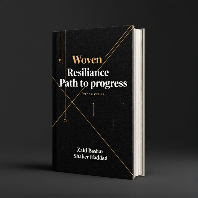 A minimalistic design with a textured black background that represents layers of woven threads. A single, subtle golden thread weaves diagonally across the center, symbolizing resilience and the path to progress. Sparse geometric shapes in a soft off-white contrast with the black background, offering a modern yet historic feel.