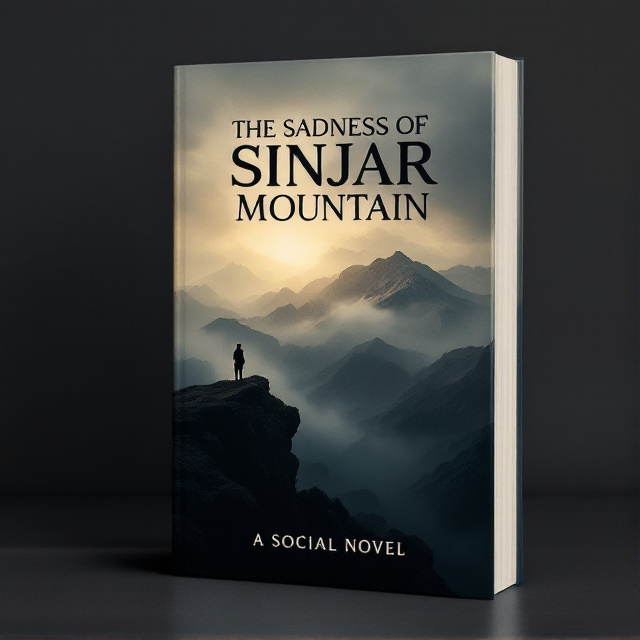 A hauntingly beautiful image of the Sinjar Mountain under a dimmed, cloudy sky, with the silhouette of a lone figure standing on an edge. The background has muted tones of browns and grays to reflect a somber mood, with gentle touches of mist creating a sense of ethereality.