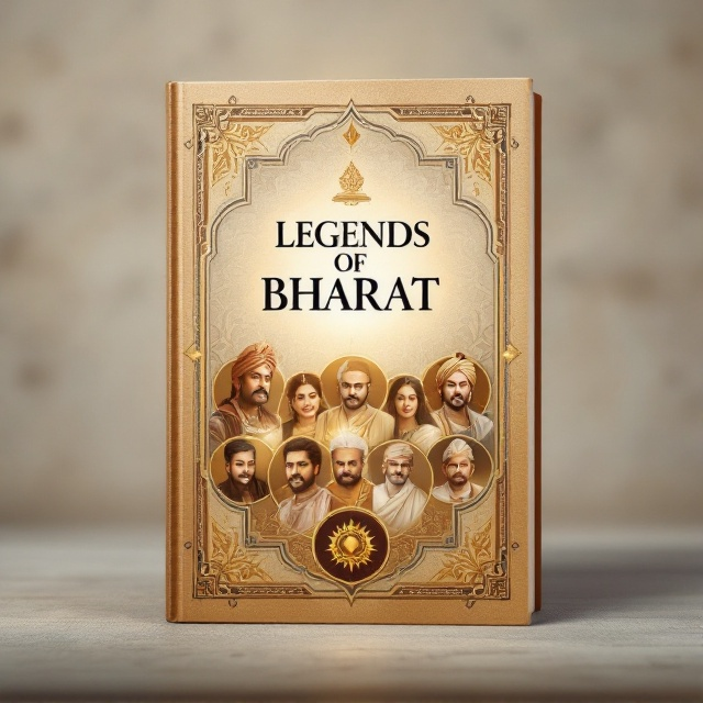 A collage of Indian leaders and cultural icons is arranged in a structured semi-circle at the center of the cover. These figures are slightly faded into the background, accented with a faint golden glow, giving them prominence. Indian motifs, such as paisleys and lotus patterns, subtly blend into the backdrop. A small Ashoka Chakra is placed near the subtitle, adding a cultural touch.