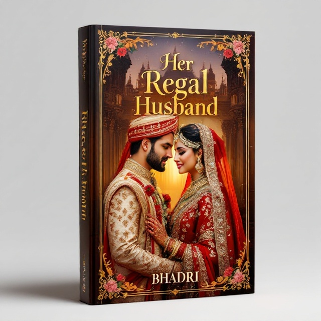 A glamorous and opulent cover featuring a portrait of an Indian bride and groom in traditional attire. The background showcases a subtle yet majestic palace outline, symbolizing royalty. The couple is positioned in the center, their expressions capturing a moment of romantic connection, with soft warm lighting enhancing their intricate attire. Touches of gold accents provide an imperial touch, while floral motifs add a romantic flavor.