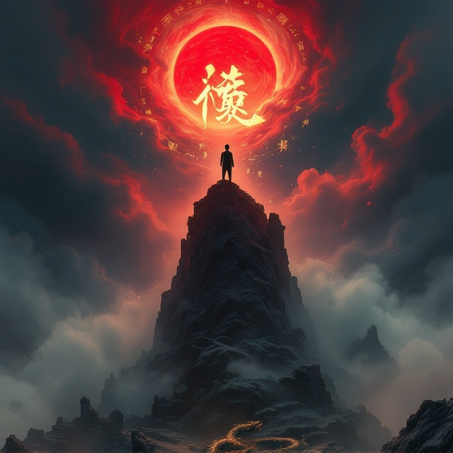A majestic and otherworldly scene dominates the cover, depicting a lone figure of a young man standing atop a towering, jagged cliff cloaked in swirling, ominous mist. The figure emits a radiant golden aura contrasted against a foreboding crimson sky, where the sun appears blood-red, half-hidden by dark clouds. Around the protagonist, ghostly shadow spirits emerge, creating an intense sense of power and defiance. Ancient, glowing Oriental runes hover around his figure, lending a mystical Eastern fantasy feel. The bottom half of the cover features crumbled ruins and a faint silhouette of a dragon-like creature curling through the haze.