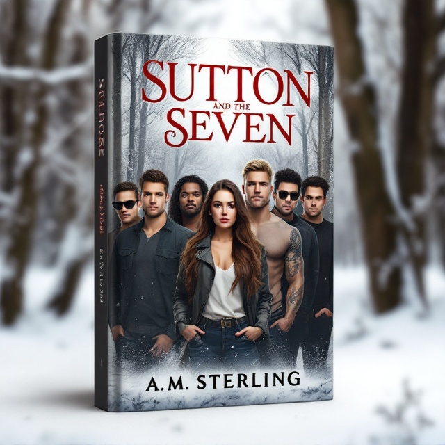 A snowy forest backdrop serves as a serene yet dramatic setting. In the center of the cover, a striking composition of characters arranged similarly to a modern twist on "Snow White and the Seven Dwarves." The central figure, the woman with long brown hair, stands confidently. Flanking her in a semicircle are the seven distinct men the blonde man stands to her right; next is the muscular man with dark sunglasses, then the short brown-haired man, the dark-skinned man with short brown hair, the younger man with curly hair, the man with dark long hair and tattoos, and finally, the man with short dark hair.