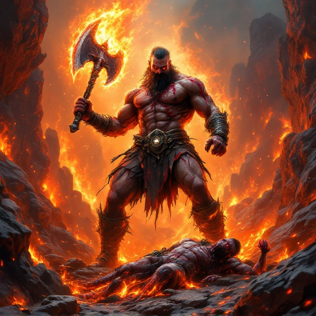 A ferocious barbarian warrior, "Torgan," is depicted in the midst of battle on a rocky, otherworldly terrain with jagged cliffs and roaring flames engulfing the background. Torgan, with fiery, determined eyes, towers over his defeated enemy, his massive, blood-streaked axe in one hand and his other hand raised in victory. His rugged physique drips with sweat, covered in tribal war paint and scars. The enemy lies twisted at his feet, emphasized by dark shadows and glowing embers. The overall scene is lit by a surreal, red-orange glow, emanating from the infernal aura around Torgan.