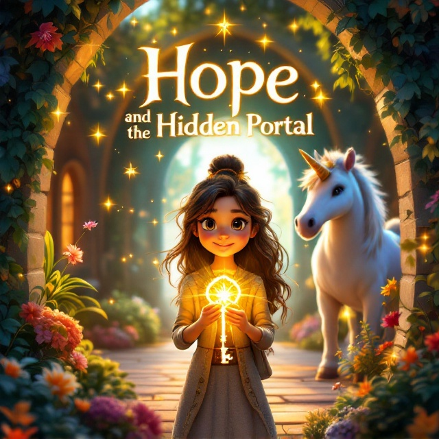 A vibrant and whimsical scene showcases Hope at the center, holding a glowing golden key that radiates light, which softly illuminates her smiling face. Aunt Jojo stands beside her with her hands on her hips, exuding playful mystery, while Charlie the Unicorn stands slightly behind them, casting protective yet charming energy. The lush garden in the background features vibrant flowers, ivy-covered arches, and a partially visible magical doorway. Soft glowing lights and faint mystical symbols hover around the key and fill the air, enhancing the sense of magic and adventure.