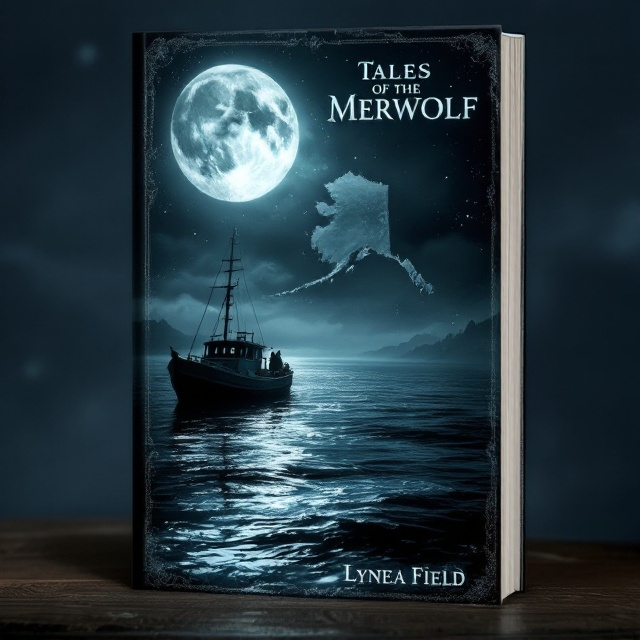 A desolate fishing boat drifts eerily on dark, rippling water under the silvery glow of a large full moon. The moonlight creates ghostly reflections on the still waves, and the faint silhouette of a wolf’s face subtly merges with the shadows on the water’s surface. A map of Alaska, aged and weathered, fades into the background as if emerging from the blackness, giving a sense of mystery and dread. The overall palette is dominated by gradients of black and deep blue, with hints of icy white and silver for contrast.