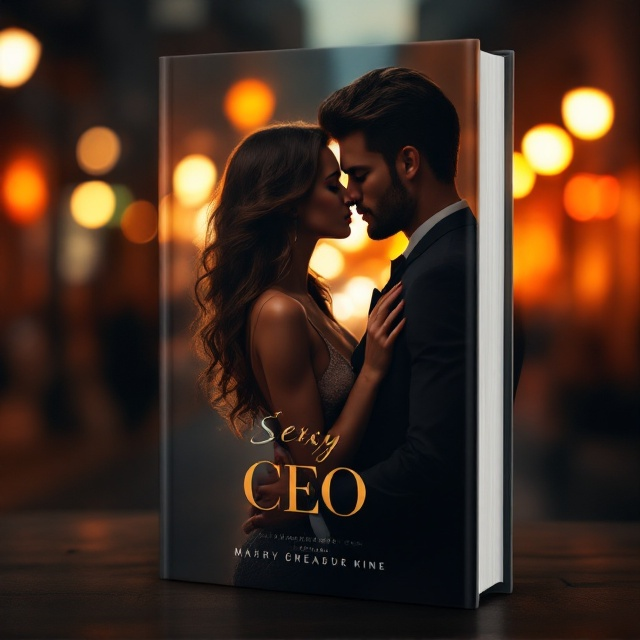 A striking image of a man and woman positioned in close proximity. The woman, elegant and sophisticated, leans in for a kiss while the man, sharp in a tailored suit, softly embraces her waist. The background is a blurred cityscape at night with warm, golden streetlights that cast an intimate glow. The emotional tension is heightened through the use of rich, warm tones like deep reds and golds.