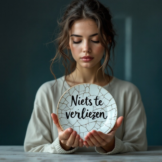 A striking image of a young adult woman with brown hair and brown eyes, intertwined with brown freckles. She is wearing a creme-colored outfit and gently cradling a cracked porcelain plate in her hands. The word 'autism' is artistically inscribed on the plate. The background is a soft gradient moving from deep blue to a lighter shade, symbolizing the journey from isolation to freedom, with the woman's figure partially silhouetted to emphasize a sense of solitude and understanding. The emotional weight is captured through her thoughtful expression.