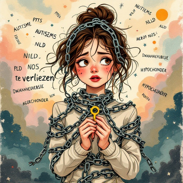 The cover showcases a whimsical illustration of a young adult woman with brown hair, brown eyes, and brown freckles wearing a chic creme-colored outfit. She is wrapped tightly in thick, exaggerated chains, symbolizing physical and emotional bindings. In her hands, she holds a small golden key that she gazes at with confusion and sadness. The background is awash in a blend of pastel colors transitioning into darker, stormier hues to represent the emotional struggle. Around her, unevenly scrawled and chaotic words like "PTSS," "AUTISME," "NLD," "ADD," "PDD NOS," "DWANGNEUROSE," "AGORAFOBIE," and "HYPOCHONDER" float semi-transparently, giving a sense of the weight these diagnoses carry.