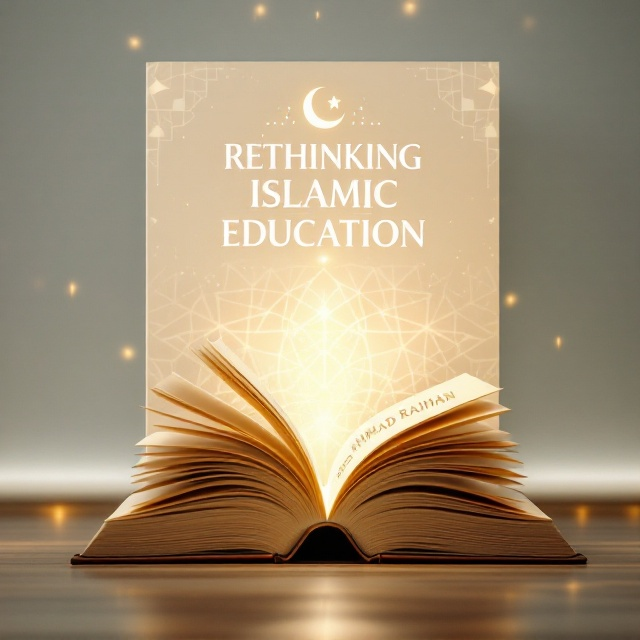 A harmonious blend of traditional and modern elements, featuring a digitally-rendered abstract Islamic geometric pattern in the background, subtly faded into a white canvas. At the center, a glowing, semi-opened book symbolizing enlightenment and intellectual awakening radiates soft golden light. Above the book, a modern, minimal crescent and star motif placed alongside pixelated digital elements, hinting at the fusion of tradition and the digital era.