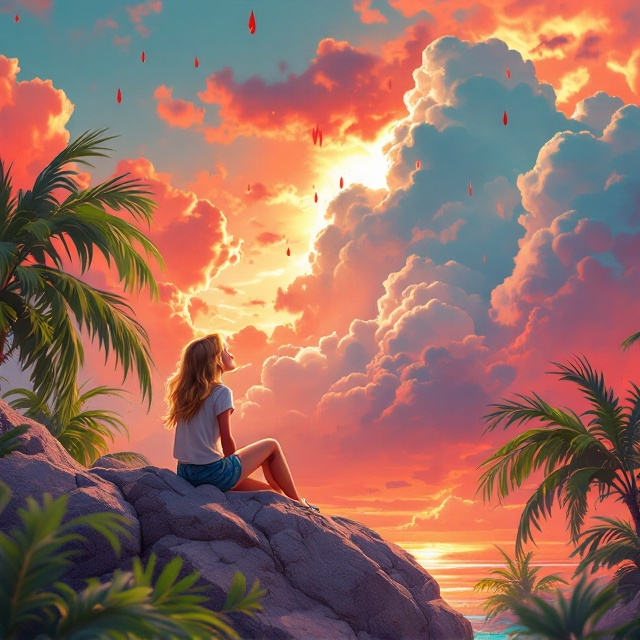 A vibrant, animated depiction of a blonde teenage girl sitting on a large, rugged boulder in the foreground, her gaze directed upward toward dreamy, textured clouds. Blood drops drip from the clouds in an artistic, surreal style, creating contrast with the bright warmth of the sky. The sunset dominates the background with a vivid gradient of orange, red, and pink hues, blending seamlessly across the horizon. Surrounding the scene are lively green palm trees with swaying fronds. The phrase "Did you check your sugars?" is prominently written in a bold, fluid red font in the center of the cover.