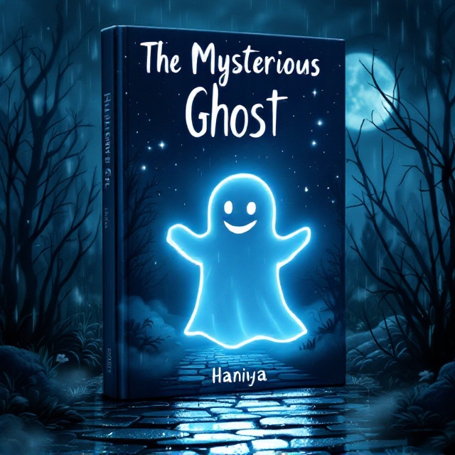 The cover features a silhouette of a happy-looking ghost outlined in glowing white against a dark, rain-soaked night sky. The background consists of a small eerie forest with glistening raindrops, soft stars dotting the sky, and hints of moonlight breaking through thick clouds. A cobblestone pathway leads into the distance, wet and glistening, giving a mysterious yet inviting vibe. Gentle wisps of fog weave through the lower part of the design.