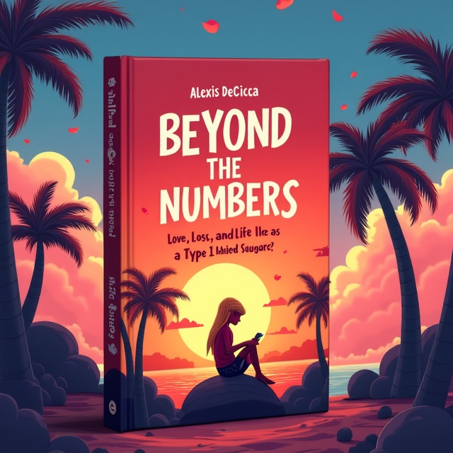 The cover features an animated illustration of a blonde teenage girl sitting dreamily on a boulder at the bottom center of the cover. She's intently checking her blood sugar with clouds looming overhead. From these clouds, vibrant, oversized blood drops are stylized and appear to be falling gently downwards. Surrounding her are lush, animated palm trees. The vibrant orange, red, and pink hues of the sunset cast a warm glow over the scene, creating an exuberant backdrop.