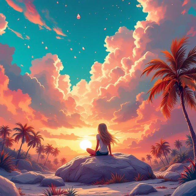 An animated illustration captures a dreamy scene of a teenage girl with long flowing blonde hair seated on a large boulder. She gazes thoughtfully at the sky, where the clouds release delicate blood drops. The landscape around her features vibrant palm trees framing a vivid orange, red, and pink sunset. The question, "Did you check your sugars?" is inscribed boldly in red amidst the clouds.