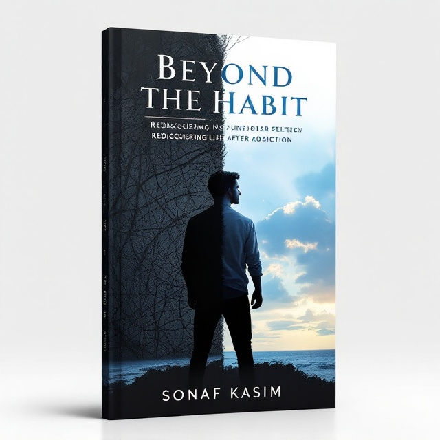 The cover depicts a young man standing at the center, half of him in shadow and the other half in light, symbolizing his journey from addiction to recovery. The background transitions from a dark, tangled web on the left to a bright, clear sky on the right, representing hope and future possibilities. The man's silhouette connects the two contrasting worlds, emphasizing transformation.