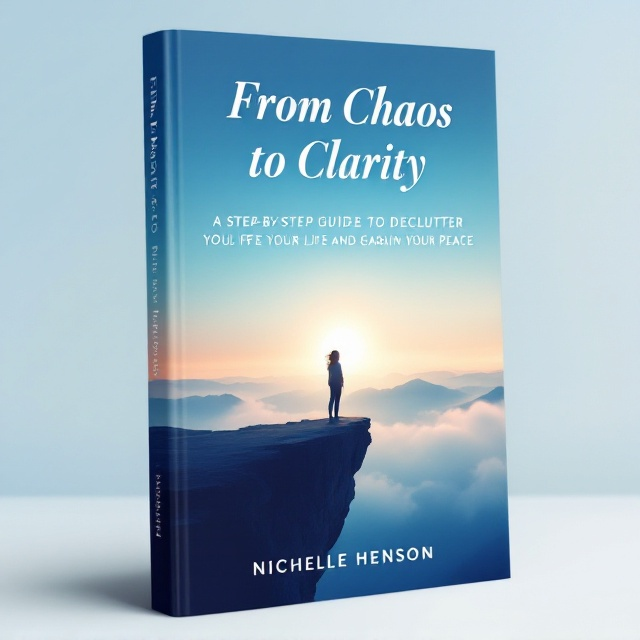 The cover features a serene, minimalist background with soft gradient colors transitioning from deep blue at the bottom to a calm, sky blue at the top. In the center, there's a silhouette of a person standing at the edge of a cliff, looking towards a rising sun that symbolizes clarity and new beginnings. Delicate swirls of cleared mist gently fade into the background, representing the movement from chaos to clarity.