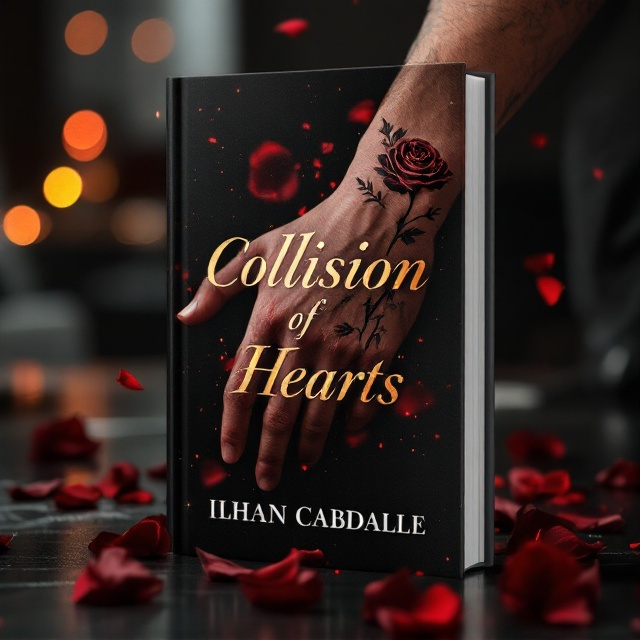 A close-up of a man’s wrist is positioned diagonally across the cover, showing the subtle yet striking outline of a dark red rose tattoo. The tattoo glows softly against the skin, with a slight gold shimmer outlining its edges. In the blurred background, an office desk with a sleek chair is faintly visible, blending into a gradient of deep red and black tones. Dark red rose petals subtly fall across the design, adding depth and romance.