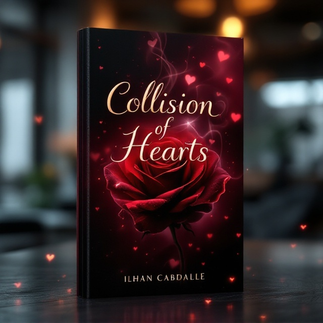 The cover showcases a dark red rose in the foreground, its petals softly glowing as if illuminated by an ethereal light. Surrounding the rose are faint wisps of smoky tendrils that create a dreamy yet intense atmosphere. Subtle, translucent heart shapes drift gracefully across the foreground, creating an aura of romance and intrigue. The background reveals a modern, dimly lit office setting, blurred into obscurity to emphasize mystery but still hinting at sophistication. Metallic shimmer is subtly infused into the smoky elements, adding a sense of elegance.