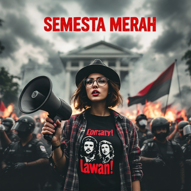 A dynamic and tense scene of political protest in front of the DPR RI building. The center features a fearless young woman of mixed heritage with short hair and glasses, wearing a Che Guevara-style hat and a plaid shirt over a black t-shirt showcasing iconic activists' faces and the word "lawan!" She holds a megaphone and a Tan Malaka book while smoke from a black Sampoerna cigarette curls around her. Police and military forces form a tense backdrop under stormy skies, as protest banners wave amidst clouds of tear gas, capturing an atmosphere of rebellion and urgency.