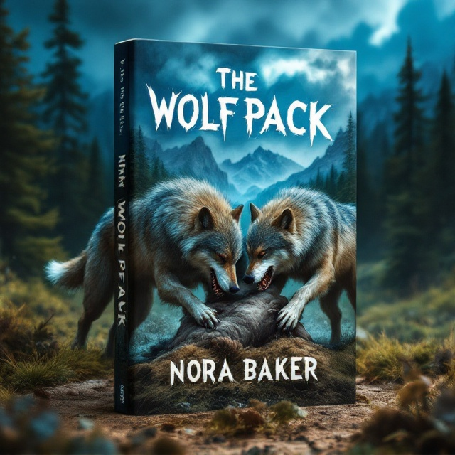 The foreground features two powerful, aggressive wolves in mid-combat, vividly captured pinning down a third wolf. One wolf has its teeth sunk into the pinned wolf’s throat, while the other presses its paws firmly into the pinned wolf’s back, emphasizing dominance. The pinned wolf’s tail is tucked, conveying a sense of submission. The background features a dramatic wilderness scene with towering trees, jagged mountain peaks, and a stormy blue sky streaked with motion, implying urgency and danger. The green tint of pine trees contrasts with the brown earth tones of the forest floor, contributing to the natural but fierce ambiance.