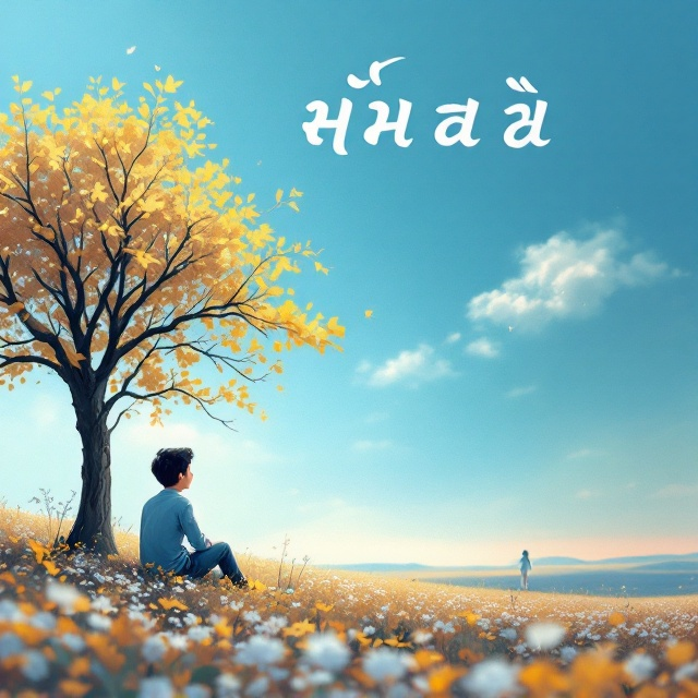 A dreamy, serene scene featuring a boy sitting under a large tree with golden-yellow leaves, gazing at a distant girl who walks away on a path surrounded by fields of flowers. The background is sky blue with soft gradients blending into a subtle pinkish-purple hint toward the horizon. The boy's expression reflects longing and melancholy, while the girl appears unaware, symbolizing unreciprocated love. The title, "ਅਲਫਾਜ਼ ਦਿਲ ਦੇ," is artistically stylized into faint, wispy clouds blending into the sky.