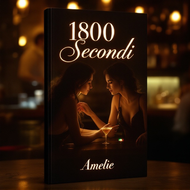 A dimly lit bar scene serves as the centerpiece of the cover. Two women sit at the counter, their postures suggestive of a flirtatious exchange. One woman has her hand lightly grazing the other's wrist, while the bartender in the background mixes drinks, subtly out of focus. Warm golden light hits the bar countertop, contrasting with shadows that hold the rest of the room in mystery. A small Italian flag is subtly placed near the bottom edge of a cocktail glass, evoking a sense of atmosphere. The background is a blend of warm amber and soft black gradients, hinting at romance and secrecy.