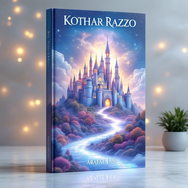 The cover features a grand, magical castle made of shimmering words, floating amidst soft, glowing clouds. The sky is surreal, filled with constellations, nebulae, and stars. A river of glowing words flows from the castle, meandering through a lush forest. The trees, vibrant and imaginative, represent various subjects of study. The color palette consists of soft pastels like lavender and baby blue, with accents of deep blue and gold.