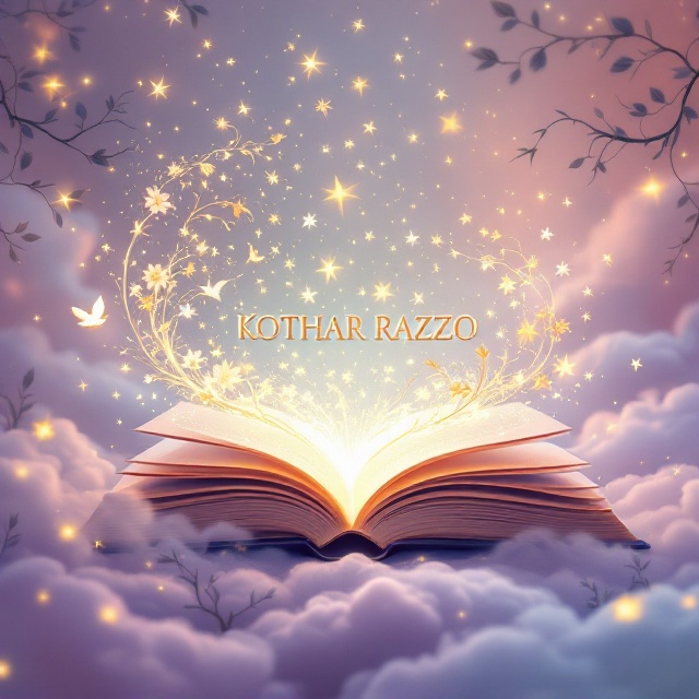 The cover features a central open book with its pages flowing outward as if caught in a gentle breeze. Words glowing softly in hues of gold weave out from the open book, transforming mid-air into beautifully abstract shapes—delicate flowers, soaring birds, twinkling stars, and leafy vines. The background is a dreamy blend of lavender, soft pink, and baby blue, fading seamlessly into each other to create a harmonious, tranquil atmosphere. Soft clouds, subtle twinkling lights, and flowing vines adorn the perimeter of the cover, creating depth and an ethereal feel.