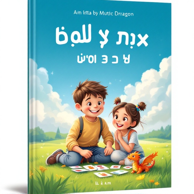 A cheerful 6-year-old boy is in the center of the cover with a playful expression on his face. His older sister is beside him, smiling warmly as they kneel on a soft grass field, engaged in a game with dragon-themed cards spread out between them. The background features a lush, green landscape with a bright blue sky and fluffy white clouds, suggesting innocence and playfulness. Small, whimsical dragons subtly appear on the cards, enhancing the magical feel.