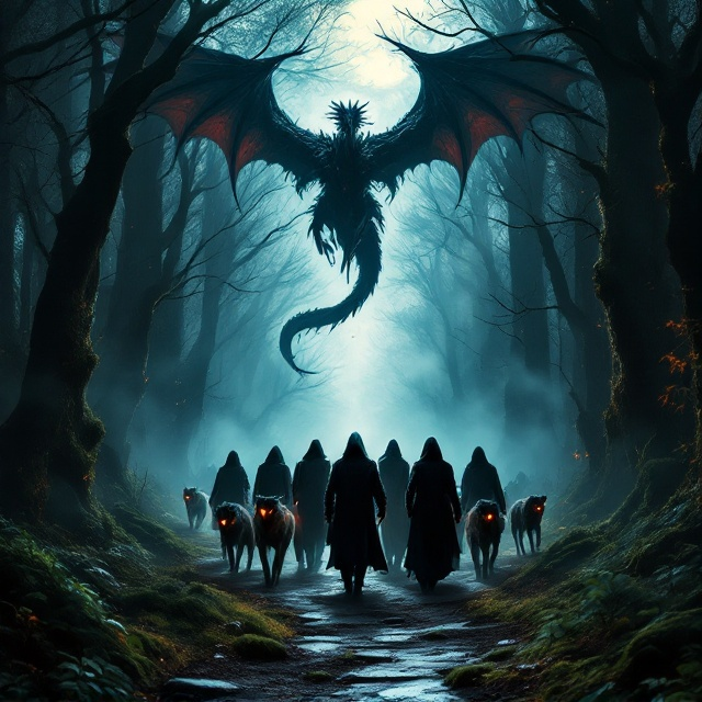 A narrow forest path under a shrouded night sky, where shadows of towering trees curl around the edges like claws. The group of assassins, dressed in dark cloaks with gleaming weapons, strides forward in the center of the scene, flanked by fierce wolves with glowing amber eyes. Above in the swirling smoke-filled sky, a majestic dragon is outlined in sharp detail, its wings spread wide against the moonlight. The atmosphere is intense yet cinematic, with an interplay of darkness, mist, and occasional streaks of moonlight cutting through the gloom.