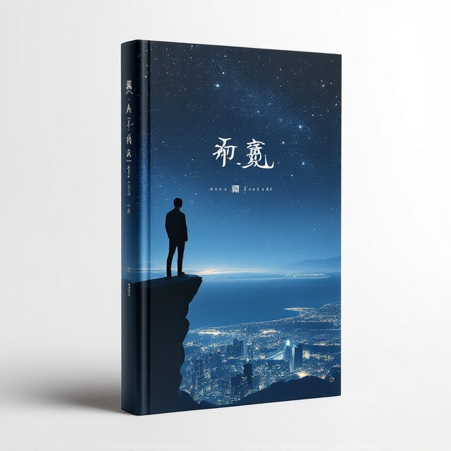 A striking silhouette of a man standing on a cliff's edge under a starry night sky, overlooking a city illuminated by thousands of lights. The cityscape below blends with the ocean, symbolizing depth and vast possibilities. A subtle play of shadows and light suggests movement and intrigue.