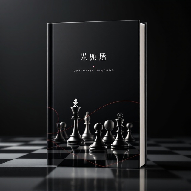 A minimalist design featuring the silhouette of a chessboard with sleek, metallic chess pieces in the midst of a game. The background is a sharp gradient of black to dark gray, symbolizing corporate shadows and intrigue. A thin, red thread subtly weaves through the chessboard, symbolizing connections, strategy, and control. Glass-like reflections create a sleek, modern look.