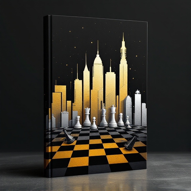 A bold, abstract cityscape with sharp geometrical lines symbolizing the complexity of urban power struggles. The skyline merges with a chessboard pattern, where some pieces are dramatically tipped, representing strategy and competition. The dominant color scheme is a gradient of deep charcoal fading into metallic gold and silver accents, exuding sophistication, ambition, and high-stakes conflict. A faint ripple effect overlays the background, symbolizing the unseen forces of negotiation and intrigue.