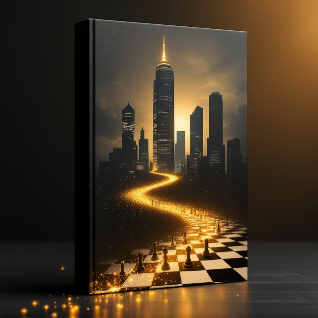 A sophisticated and modern design featuring a towering skyscraper in the background that symbolizes success and ambition. In the foreground, a chessboard is partially visible with pieces strategically arranged, creating a sense of strategy and intrigue. A pathway made of golden light weaves through the cover, leading from the chessboard toward the skyscraper. The background transitions from dark shades of gray to a luminous gradient of gold near the top, symbolizing the journey from challenges to hope and success.