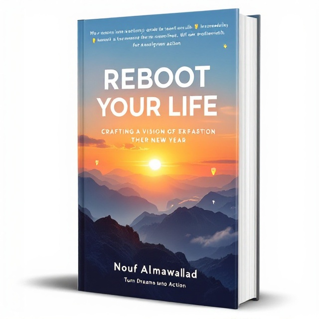 A vibrant sunrise stretches across a serene mountain range, bathed in warm orange and cool sky-blue tones. Wisps of soft clouds flow gently near the title. At the center of the composition, the bold title "Reboot Your Life" emanates optimism and clarity. Small lightbulb and star icons are delicately placed near the bottom, symbolizing ideas and inspiration. Below the sunrise’s glow, the author’s name, "Nouf Almawallad," is positioned prominently. Along the bottom, the logo and tagline “Turn Dreams into Action” blend harmoniously into the scene.
