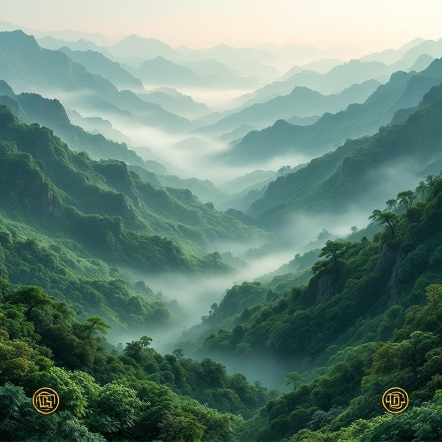 A serene and harmonious scene of lush green mountains with a subtle mist rising from the valley. Soft, flowing lines create a calming, almost ethereal essence, showcasing elements inspired by Feng Shui design, such as circular waves blending in the background to symbolize balance and flow. Gold-embossed details of ancient symbols representing energy in Feng Shui are subtly integrated at the corners.