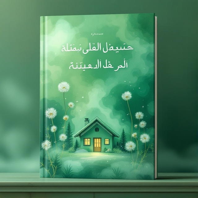 A serene and minimalist design featuring a watercolor-style green background that evokes nature and tranquillity. A detailed illustration of a cozy house sitting amidst soft swirls of mist is placed centrally, representing harmony and balance. Overlaid, subtle dandelion seeds are floating in the foreground, symbolizing mindfulness and energy flow.