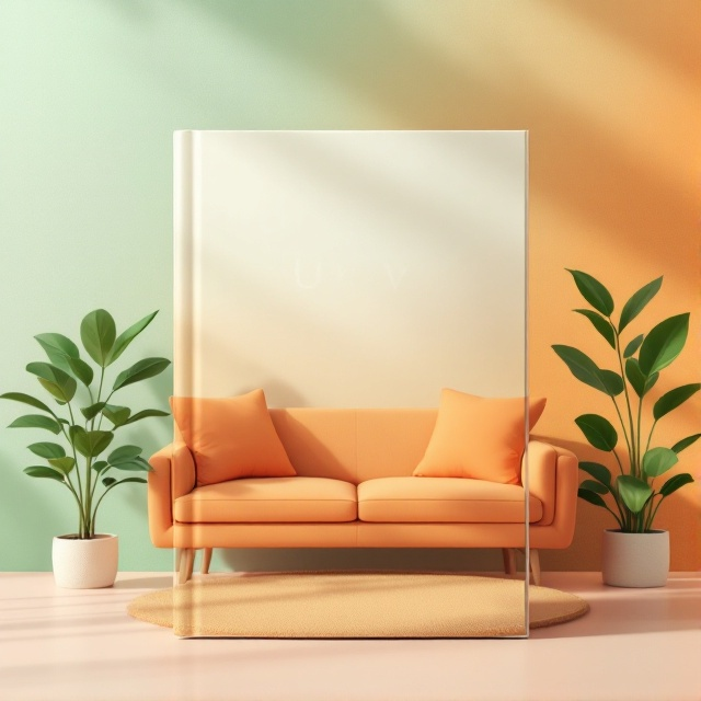 A serene living room scene with soft, natural lighting. The furniture consists of simple, minimalist shapes in warm orange tones, complemented by indoor plants with lush green leaves. The background features a soft gradient from green to orange, creating a harmonious blend. A subtle texture in the background adds an organic feel.