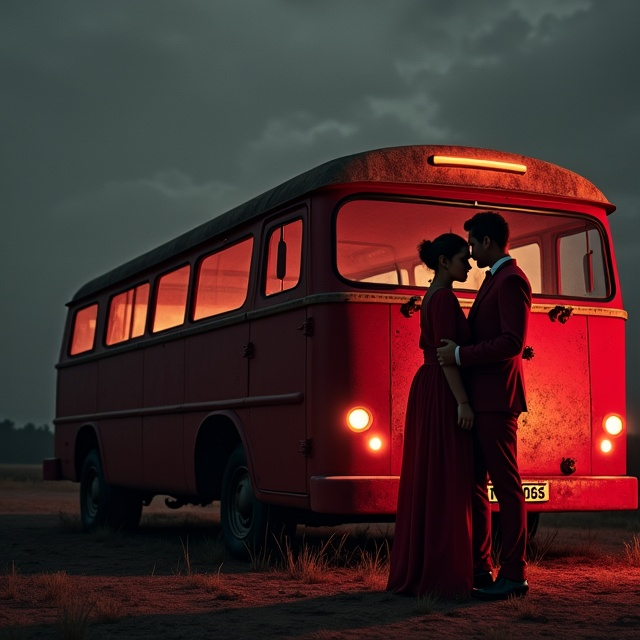 A couple standing closely together near an old vintage bus. The man, dressed in a sharp, blood-red suit, is holding a pistol behind his back in one hand while using the other hand to hug the woman. The woman, wearing a traditional yet simple village dress, leans into him with a calm expression. In the background, the shadow of the bus is illuminated under a faint mist. A dark, brooding sky with subtle blood-red tones covers the scene. Both characters are shown in the lower-left corner to leave space for dynamic typography.