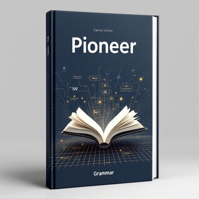 A modern, sleek cover featuring a central graphic representation of an open book in mid-air, with pages that morph into flowing lines and shapes, creating a conceptual connection to grammar and learning. Subtle diagrams of grammar rules and sentence structures are softly overlayed in the background with a faint grid pattern that suggests structure and logic. The color scheme is a blend of deep navy blue and bright white, accented by golden gradients to symbolize enlightenment and discovery.