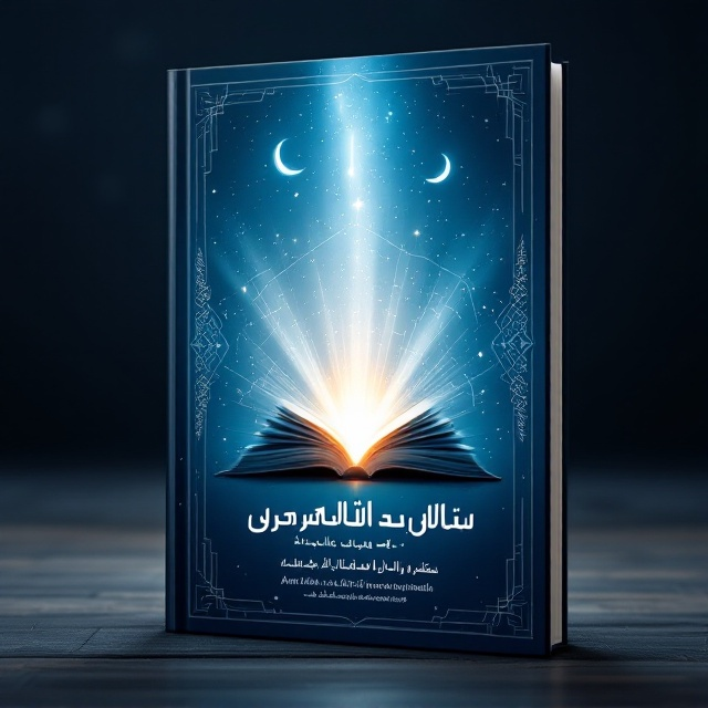 The cover features an artistic gradient of deep blue (آبی سیر) transitioning into white light emanating from the center. In the middle of the design, a silhouette of an open book is illustrated with glowing rays symbolizing knowledge spreading into the cosmos. Subtle Islamic geometric patterns and crescent outlines are lightly embossed in the background, giving a sense of spirituality and a religious connotation. A futuristic touch is given by integrating small digital lines or circuit-like elements subtly along the patterns signifying the forward-looking theme.