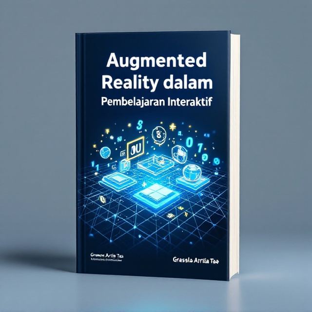 A futuristic scene is depicted on the cover, showcasing a digital mesh grid that morphs into a three-dimensional hologram of educational tools like books, globes, and numbers being projected into the air. The background is a gradient blend of deep blue transitioning to a lighter blue, with spots of bright yellow light creating a dynamic energy feel.