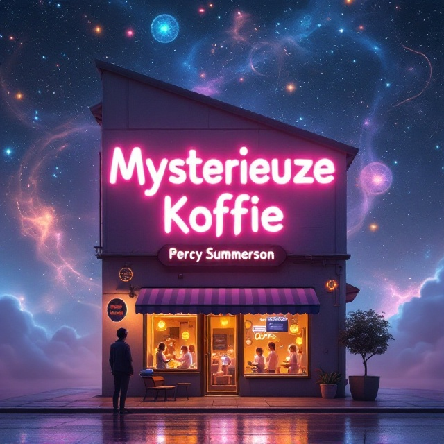 A cozy yet futuristic coffee shop with an otherworldly aura sits at the center of the scene. The shop has hovering neon signs, faint holographic displays, and a slightly foggy atmosphere. The window shows a group of cheerful, luminescent figures inside, sipping glowing coffee, exuding happiness. Outside, a person wearing a reflective visor gazes toward the shop with a mix of curiosity and sadness under a sky filled with vibrant, swirling, otherworldly constellations.