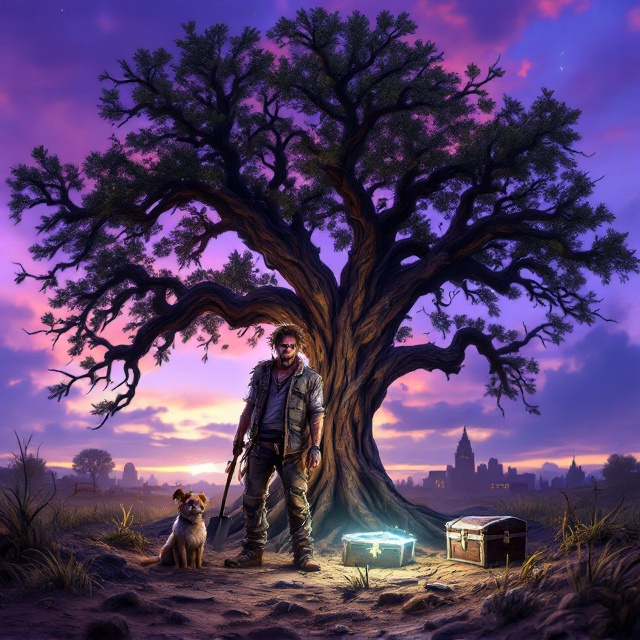 Jeb, the main character, stands prominently in the foreground, leaning slightly forward with a crazed smirk. His rugged attire is messy, and his shovel rests on his shoulder in an odd, adventurous manner. Rufus, the cairn terrier, sits next to him with its ears perked, resonating loyalty and excitement. Behind them looms the ancient oak tree with sprawling roots, one of which reveals the corner of a partially buried chest. The twilight sky is awash in vivid purples, pinks, and oranges, with faint outlines of Peculiar, Texas, visible on the horizon. The scene is accented with a mysterious glow radiating from the chest, drawing attention to the tree and the characters.