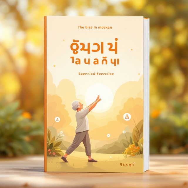 An illustration of an elderly person engaging in light exercise stretching in a serene park setting during a golden sunrise. Subtle icons representing wellness and vitality are discreetly integrated within the background. Soft color gradients like warm yellows and gentle greens dominate the scene.