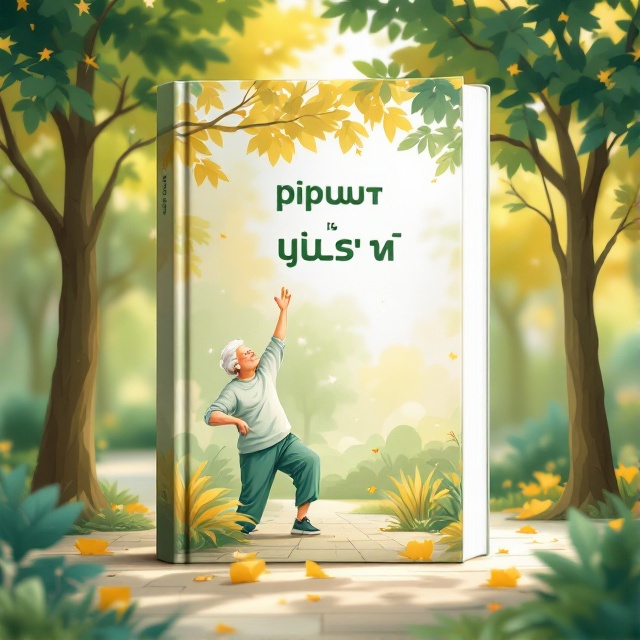 An illustration depicting a serene park setting with an elderly figure actively performing a stretching exercise. Nearby trees provide an atmospheric ambiance, with soft sunlight filtering through the leaves. The color palette includes warm earthy tones with splashes of green and gold to evoke a feeling of health and vitality.