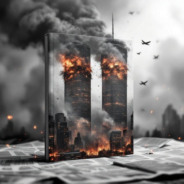 A harrowing scene of the Twin Towers collapsing, engulfed in smoke, fire, and dust. In the foreground, faintly overlay the monochrome print of broadsheet newspapers with highlighted headlines. Silhouettes of an aeroplane in flight are faintly visible in the upper-left, creating a haunting sense. The background fades into ash-like gray tones with scattered ember sparks and a faded Islamic-style geometric pattern subtly etched as a texture to hint at the undertones of bias.